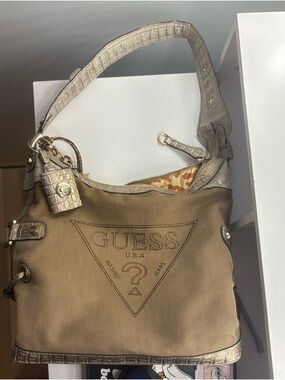 Vintage Y2K GUESS Beige Canvas Logo Hobo Bag with Metallic Croc Trim